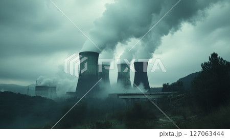 Industrial Power Plant With Smoke Emitting From Cooling Towers Industrial Power Plant With Smoke Emitting From Cooling Towers 127063444