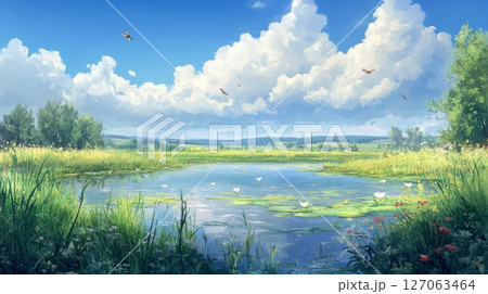 Serene Pond with Lush Grass and White Water Lilies Under a Blue Sky 127063464