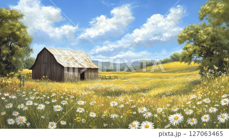A Rustic Barn Amidst a Field of Daisies 127063465