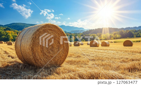 Hay Bales in a Golden Field Under a Sun-Drenched Sky Hay Bales in a Golden Field Under a Sun-Drenched Sky 127063477