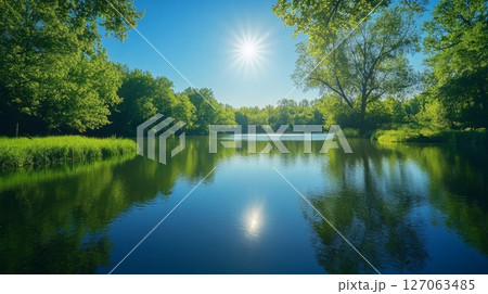 Tranquil Sunlit Pond Surrounded by Lush Green Trees 127063485