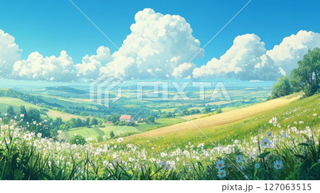 Rolling Green Hills with White Flowers and a Cloudy Sky Rolling Green Hills with White Flowers and a Cloudy Sky 127063515