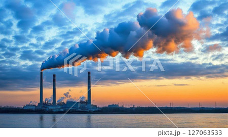 Industrial Smokestacks Release Pollution into the Evening Sky 127063533