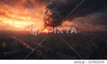 Dense Black Smoke Rising Above Cityscape at Sunset 127063534