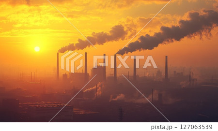 Industrial Sunset with Smoke Plumes from Tall Chimneys 127063539