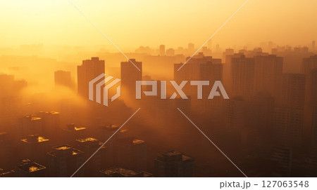 Misty Cityscape at Sunset, Silhouettes of Towers 127063548