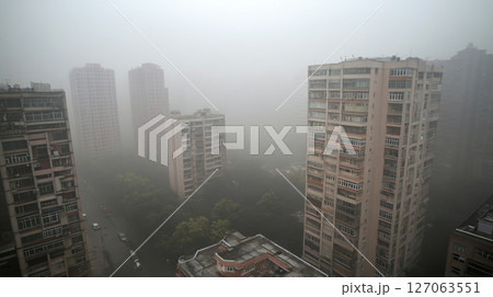 Tall apartment buildings shrouded in fog Tall apartment buildings shrouded in fog 127063551