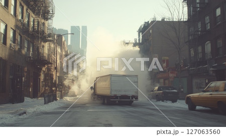 Semi-Truck in Snowy Urban Street with Smoke and Buildings Semi-Truck in Snowy Urban Street with Smoke and Buildings 127063560