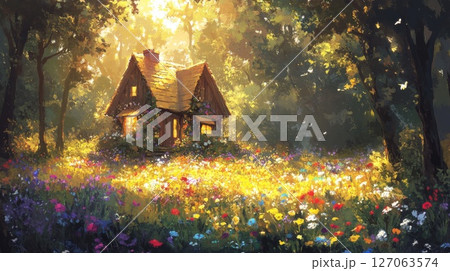 A quaint wooden cottage nestled amidst a vibrant field of wildflowers bathed in the golden glow of the setting sun 127063574