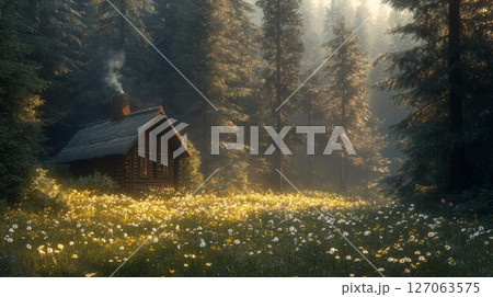A Cozy Cabin Nestled in a Sun-Drenched Meadow Surrounded by Tall Pine Trees 127063575