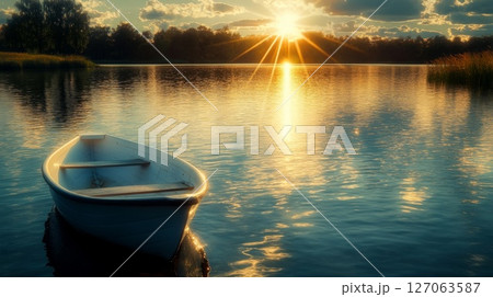 A Small Rowboat Awaits the Sunset on a Tranquil Lake 127063587