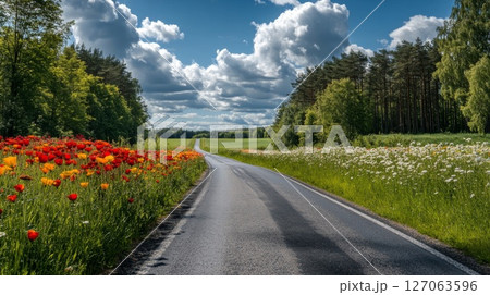 Country Road Winding Through a Meadow with Red Flowers and White Flowers Country Road Winding Through a Meadow with Red Flowers and White Flowers 127063596