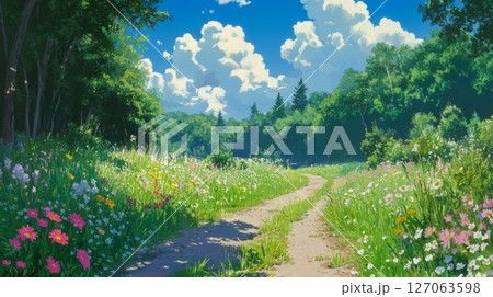 Winding Path Through a Summer Forest with Colorful Flowers Winding Path Through a Summer Forest with Colorful Flowers 127063598