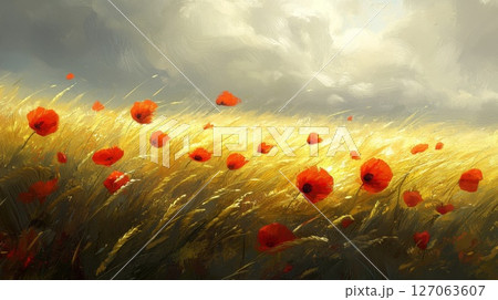 Red Poppies Swaying in a Golden Wheat Field Under a Cloudy Sky 127063607