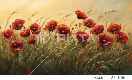 Vibrant Red Poppies in a Field of Green Grass Vibrant Red Poppies in a Field of Green Grass 127063609