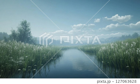 Serene River Flowing Through a Misty Meadow 127063628