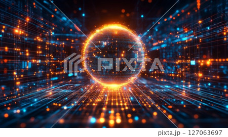 Glowing Sphere in a Digital Grid Network Glowing Sphere in a Digital Grid Network 127063697