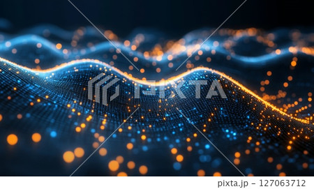 Abstract Wavy Digital Grid with Glowing Orange and Blue Particles Abstract Wavy Digital Grid with Glowing Orange and Blue Particles 127063712