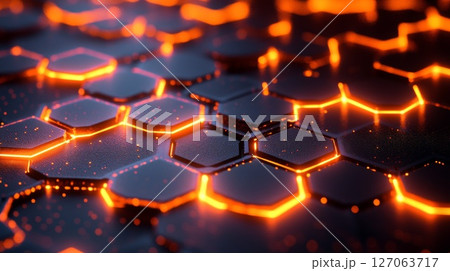 Abstract 3D Hexagon Pattern with Glowing Orange Lines 127063717