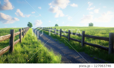 A winding path through a grassy field with a wooden fence 127063746