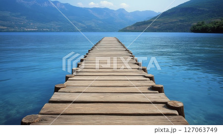 Wooden Pier Extending into Clear Blue Lake Surrounded by Mountains Wooden Pier Extending into Clear Blue Lake Surrounded by Mountains 127063749