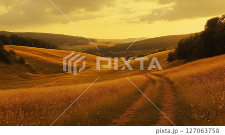 Winding Path Through Golden Hills at Sunset Winding Path Through Golden Hills at Sunset 127063758