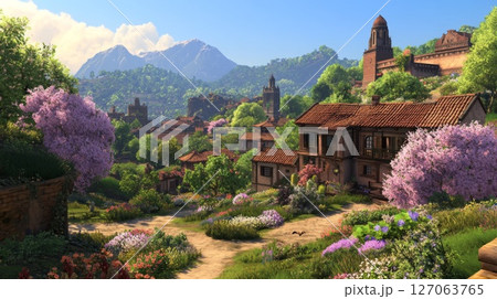 A Picturesque Village Nestled Amidst Lush Green Hills and Vibrant Blossoms 127063765