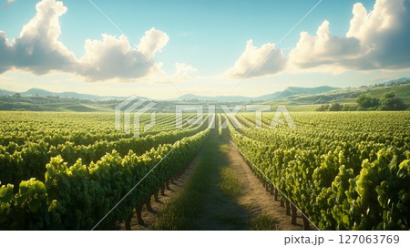 Vineyard Rows in a Rolling Green Landscape Under a Cloudy Sky 127063769