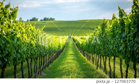 Rows of Grapevines in a Vineyard with a Green Grass Path 127063770