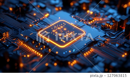 Close-up of a glowing processor on a circuit board 127063815