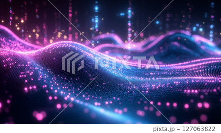 Abstract Wavy Surface with Glowing Pink and Blue Particles 127063822