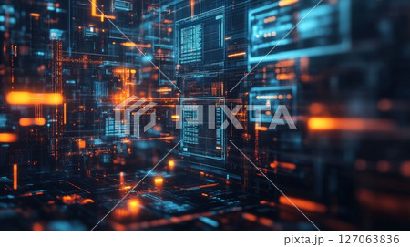 Abstract Digital Network with Orange and Blue Lights 127063836