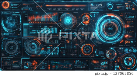 Futuristic Interface with Glowing Blue and Orange HUD Elements Futuristic Interface with Glowing Blue and Orange HUD Elements 127063856