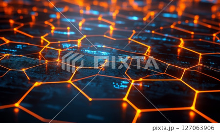 Abstract Digital Network with Orange Glowing Lines and Hexagons Abstract Digital Network with Orange Glowing Lines and Hexagons 127063906