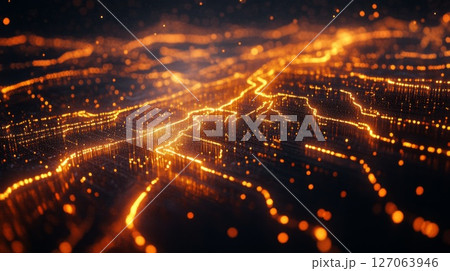 Abstract Digital Landscape with Glowing Orange Lines 127063946