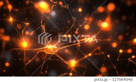 Glowing Neuron Network with Orange Sparkles 127064040