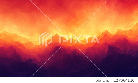 A fiery orange sunset over a vast mountain range A fiery orange sunset over a vast mountain range 127064110