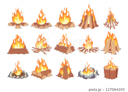 Camping bonfire cartoon set with burning firewood, stone fireplaces of different shape and forms, 127064205