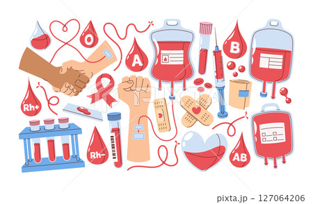 Blood donor cartoon set with urgency medical supplies for treatment, plasma bags to save human lives Blood donor cartoon set with urgency medical supplies for treatment, plasma bags to save human lives 127064206