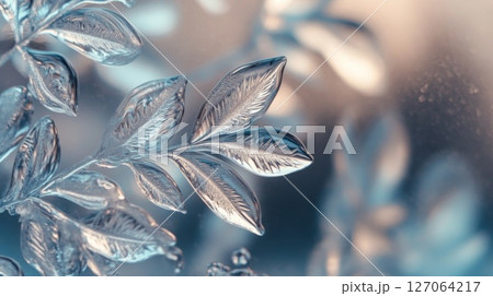 Frost-Covered Branch with Delicate Leaf Patterns 127064217