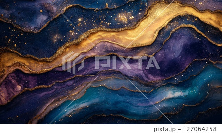 Abstract Gold and Blue Swirls with Glitter Abstract Gold and Blue Swirls with Glitter 127064258