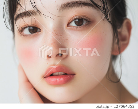 そばかすが魅力的な日本人女性の美肌クローズアップとナチュラルメイクポートレート 127064352