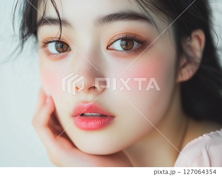 そばかすが魅力的な日本人女性の美肌クローズアップとナチュラルメイクポートレート 127064354
