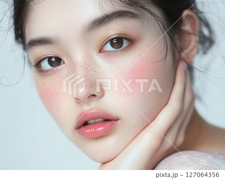 そばかすが魅力的な日本人女性の美肌クローズアップとナチュラルメイクポートレート 127064356