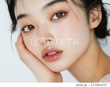 水光肌が際立つ日本人女性の美しい横顔クローズアップポートレート 127064357