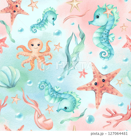 Seahorse, starfish, octopus children's illustration seamless pattern on mint pink Watercolor spot. Isolated characters, seaweed, bubbles of underwater world. Cute kids design for textile, packaging Seahorse, starfish, octopus children's illustration seamless pattern on mint pink Watercolor spot. Isolated characters, seaweed, bubbles of underwater world. Cute kids design for textile, packaging 127064481