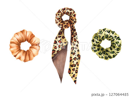 Set with women hair elastic, scrunchies animalistic leopard print. Hairstyle watercolor illustration isolated from background. Beauty fashion style for girly composition, creating pattern, hen-party 127064485