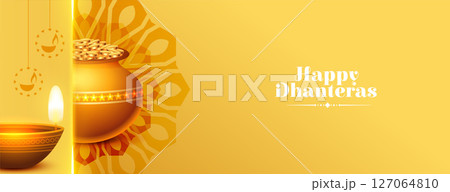 eye catching happy dhanteras event poster with glowing diya and coin kalasha 127064810
