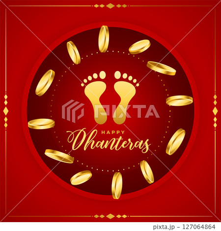 traditional happy dhanteras festive background with golden feet and coin traditional happy dhanteras festive background with golden feet and coin 127064864