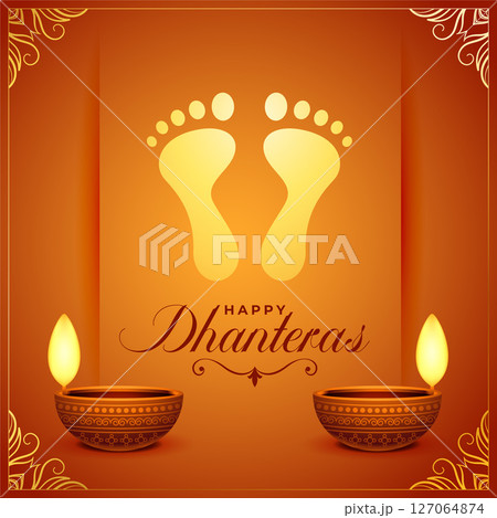 shubh dhanteras wishes background with goddess charan and oil lamp 127064874